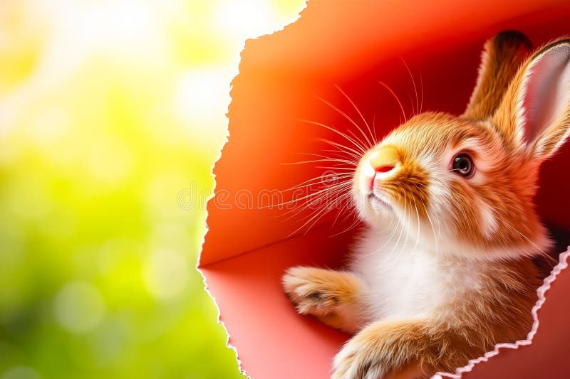 Un petit lapin brun et blanc qui regarde d'un trou dans un papier rouge illustration libre de droits