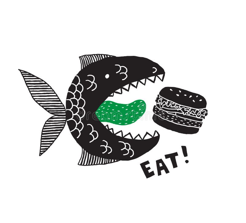 Un pez monstruo ficticio con boca abierta y lengua. hamburguesa en la boca. comerse una frase. diseño conceptual para camisetas