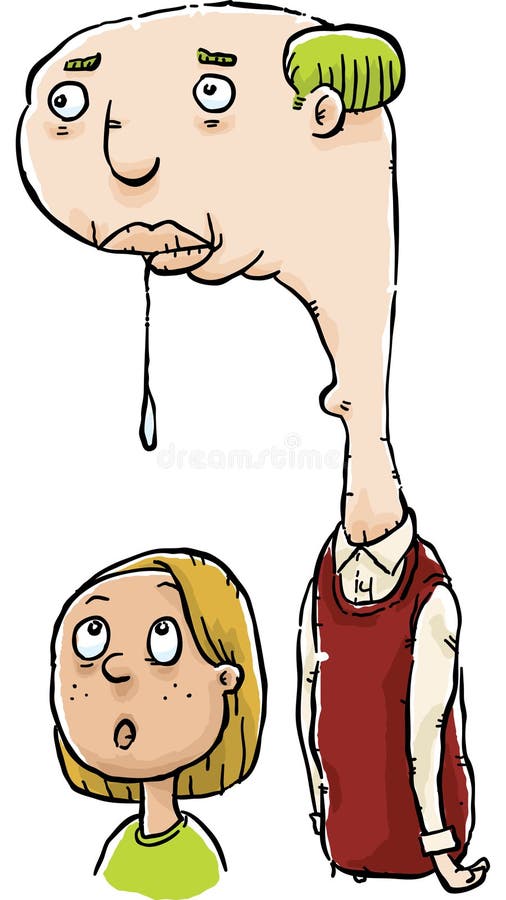 A tall,cartoon man drips spit on a woman's head. A tall,cartoon man drips spit on a woman's head.