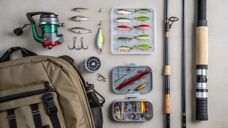Un piano piatto di attrezzi da pesca e di attrezzi da pesca. accuratamente organizzate e pronte per un'avventura della pesca. illustrazione di stock