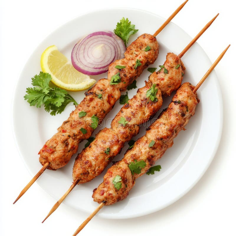 Un piatto di pollo alla ricerca di kebab con pollo macinato marinato in spezie e grigliato su spine immagini stock