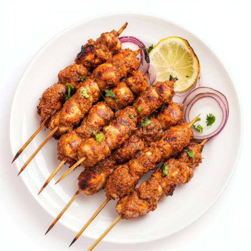 Un piatto di pollo alla ricerca di kebab con pollo macinato marinato in spezie e grigliato su spine fotografia stock libera da diritti