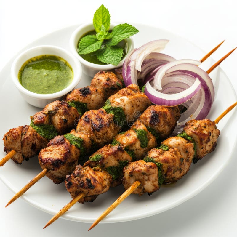 Un piatto di pollo alla ricerca di kebab con pollo macinato marinato in spezie e grigliato su spine immagini stock