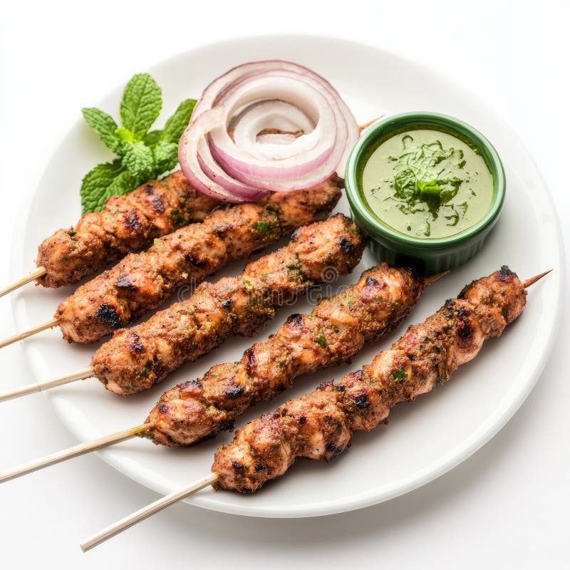 Un piatto di pollo alla ricerca di kebab con pollo macinato marinato in spezie e grigliato su spine immagine stock