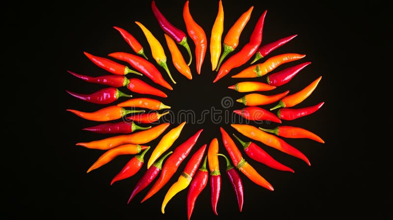 Un piatto splendente di peperoncini vibranti stilato con uno schema circolare. sfondo illustrazione vettoriale