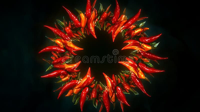 Un piatto splendente di peperoncini vibranti stilato con uno schema circolare. sfondo illustrazione vettoriale