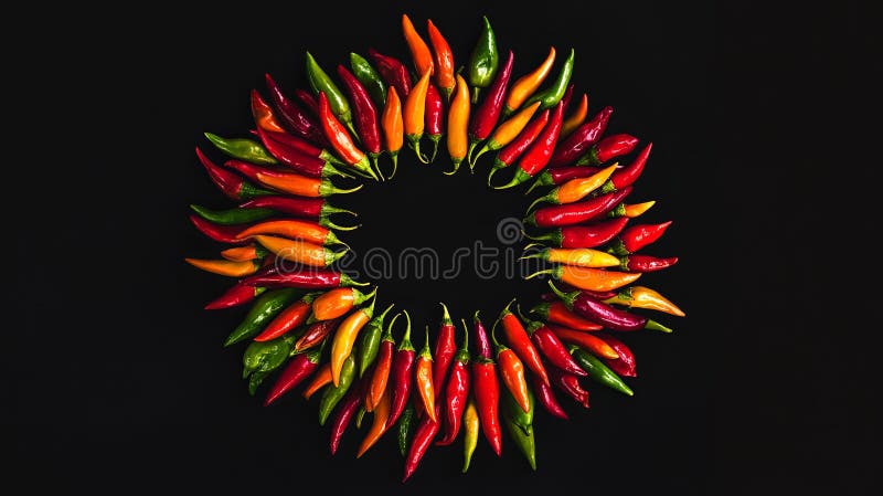 Un piatto splendente di peperoncini vibranti stilato con uno schema circolare. sfondo illustrazione vettoriale