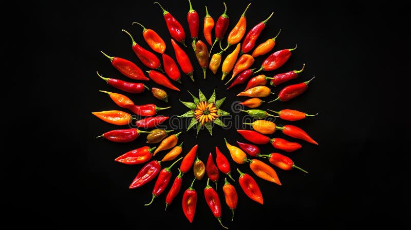 Un piatto splendente di peperoncini vibranti stilato con uno schema circolare. sfondo illustrazione di stock