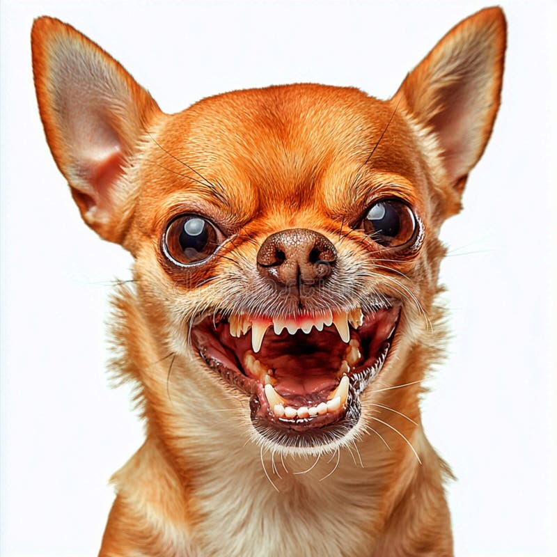 Un piccolo chihuahua arrabbiato con i denti spalancati contro uno sfondo bianco in studio light illustrazione di stock