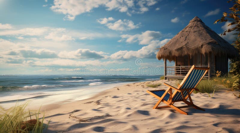 Un piccolo cottage sulla sabbia con ombrello immagine stock