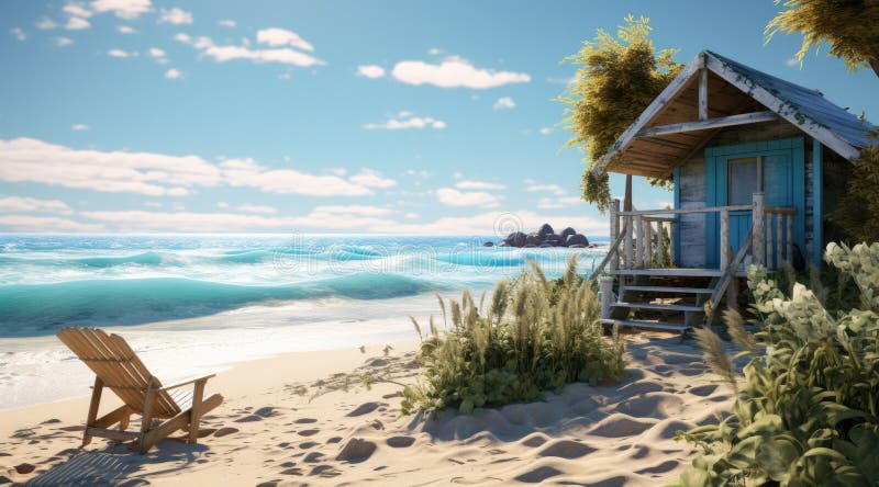 Un piccolo cottage sulla sabbia con ombrello immagini stock