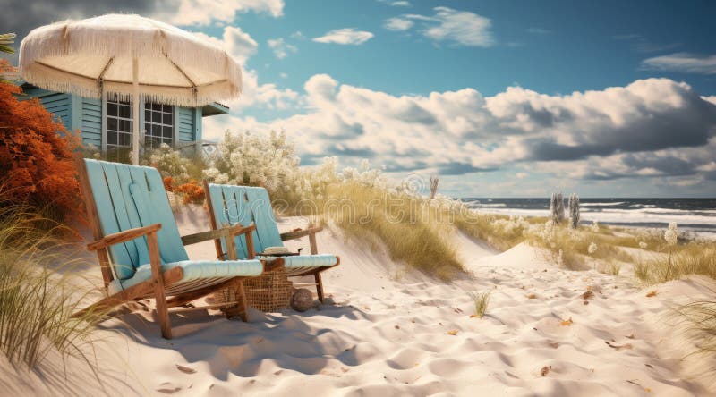Un piccolo cottage sulla sabbia con ombrello fotografia stock libera da diritti