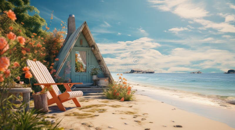 Un piccolo cottage sulla sabbia con ombrello fotografie stock libere da diritti