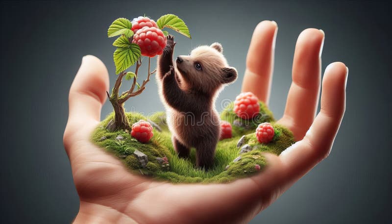 Un piccolo cucciolo di orso in una mano raggiunge i lamponi in una miniera di lussuoso con muschio e rocce. Il fotografia stock