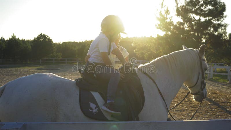 Un piccolo fantino con un casco sale su un cavallo bianco. il bambino impara con un istruttore a cavallo. alta qualità 4k