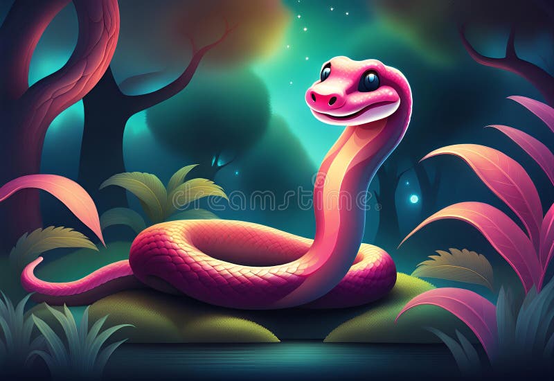 Un piccolo serpente divertente sorridente tra gli alberi del paradiso rosa scuro fotografie stock