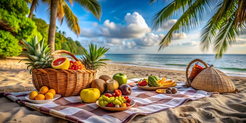 Un picnic de playa tropical con frutas exóticas y cocos frescos ilustración del vector