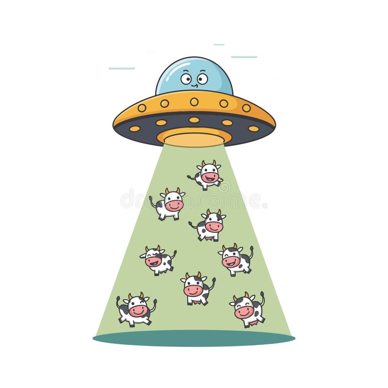 Un platillo volador secuestrando vacas de dibujos animados en una ilustración vectorial plana stock de ilustración