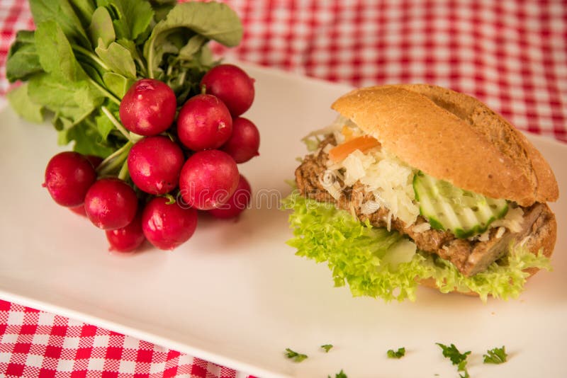 un plato blanco está formado por un rollo de pan rebanado con salchicha, queso y huevo y, como decoración, un montón de rábanos foto de archivo un plato blanco está formado por un rollo de pan rebanado con salchicha, queso y huevo y, como decoración, un montón de rábanos foto de archivo