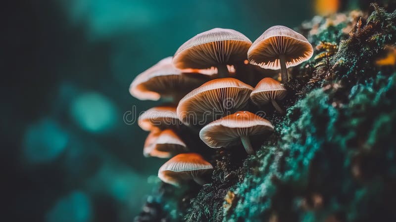 Un po' di funghi su una roccia mossy. aizione generativa royalty illustrazione gratis