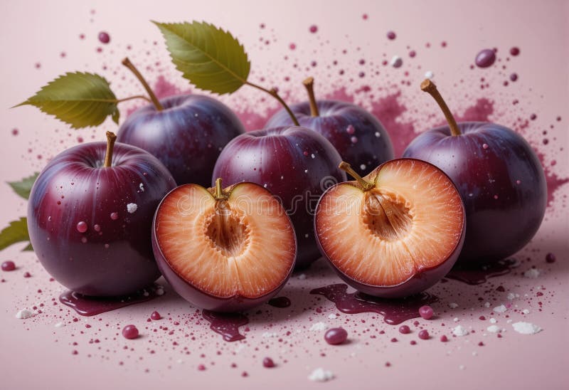 Un po' di prugne viola con una di queste tagliate a metà illustrazione vettoriale