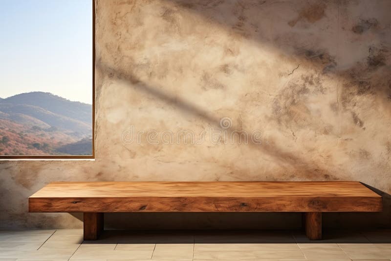 Un podio de mesa de madera para un producto de lujo sentado sobre un suelo de madera dura sobre un fondo de pared de piedra ilustración del vector