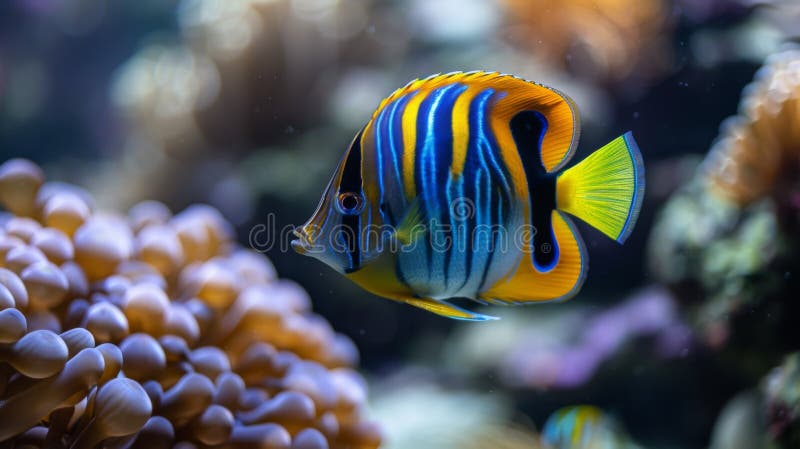 A colorful fish swimming in a tank with coral and other sea life AI generated. A colorful fish swimming in a tank with coral and other sea life AI generated