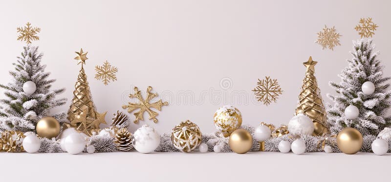 Un pom de Crăciun elegant și modern decorat cu balamale aurii și ornamente pe fond alb. acest design minimalist stock illustration
