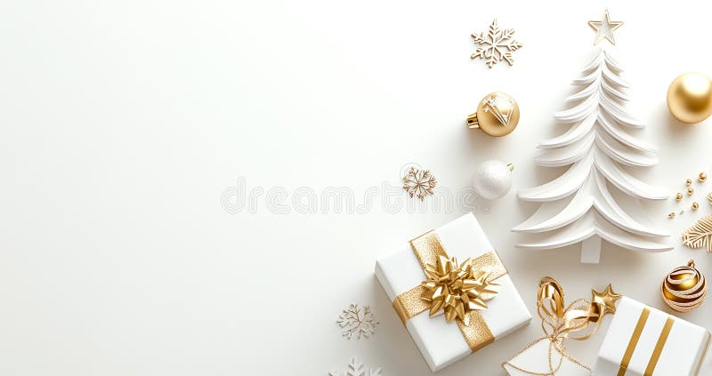 Un pom de Crăciun elegant și modern decorat cu balamale aurii și ornamente pe fond alb. acest design minimalist stock illustration