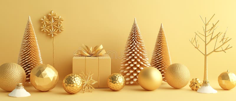 Un pom de Crăciun elegant și modern decorat cu balamale aurii și ornamente pe fond alb. acest design minimalist vector illustration