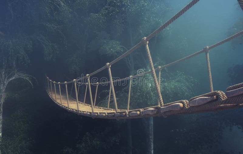 Un pont de bois enjambe une forêt dense illustration libre de droits