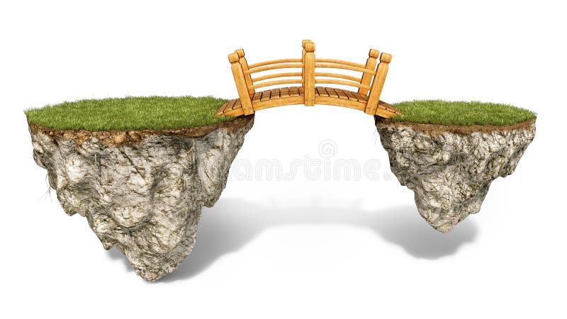 Un pont en bois relie deux îles flottantes isolées sur fond blanc illustration libre de droits