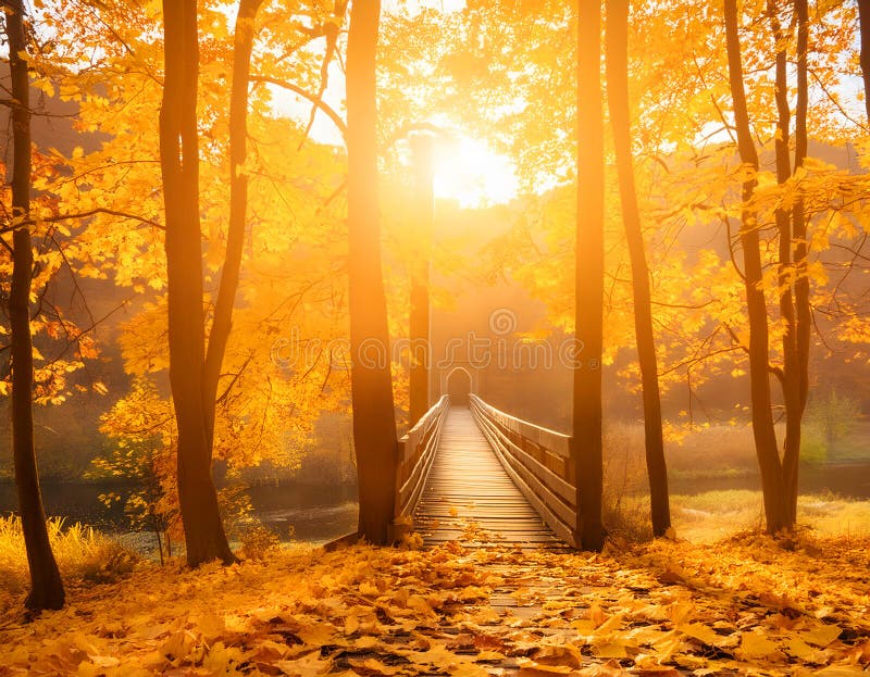 Un ponte su un fiume con una bellissima foresta autunnale sullo sfondo illustrazione di stock