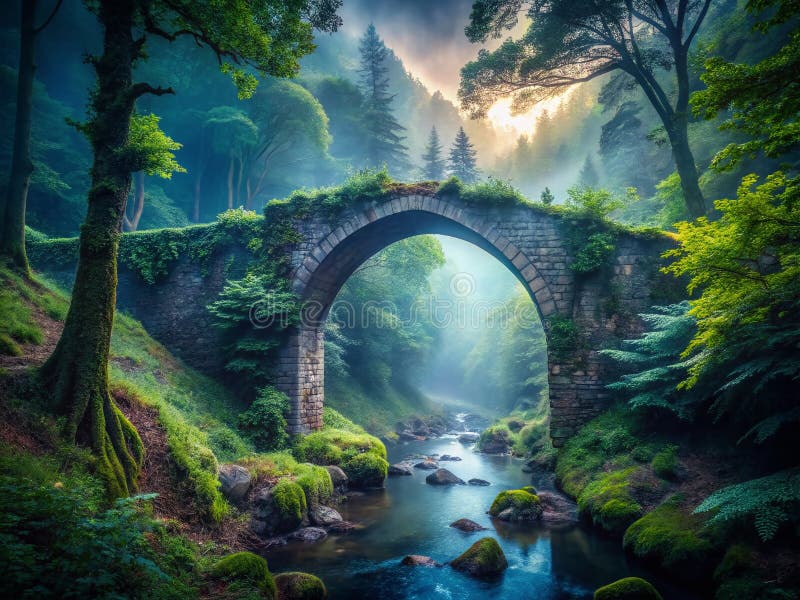 Un ponte sull'arco di pietre che perfora una foresta umida un paesaggio fantasioso del ponte del Diavolo fotografia stock libera da diritti