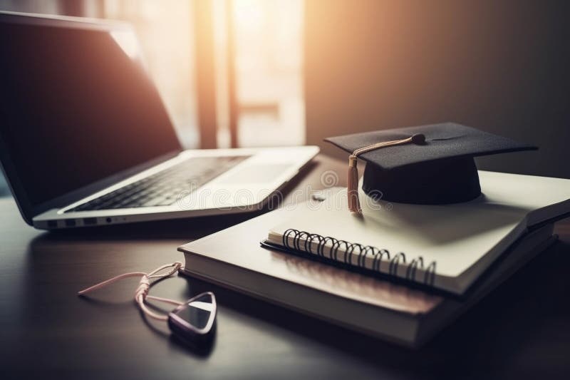 Un portatile e un cappello per la laurea si siedono su una scrivania accanto a un portatile. generazione ai