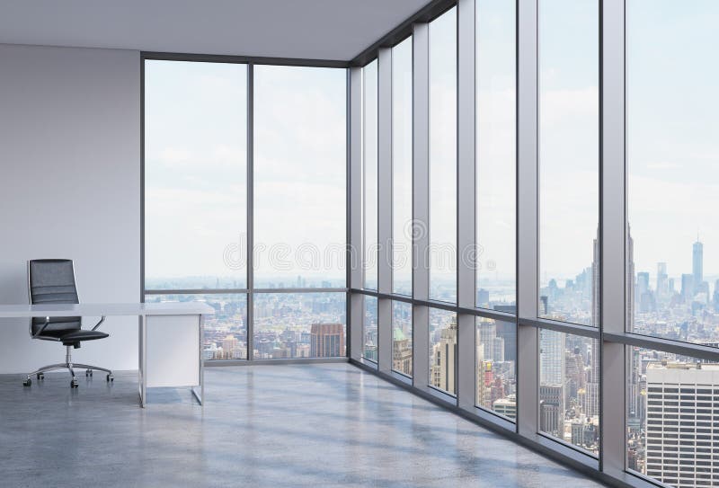 Un posto di lavoro in un ufficio panoramico d'angolo moderno in New York illustrazione di stock Un posto di lavoro in un ufficio panoramico d'angolo moderno in New York illustrazione di stock