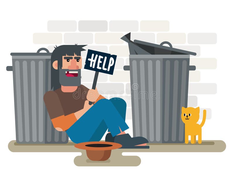 Homeless sad poor man sits on the ground near garbage containers with with help plate and cat vector illustration. Homeless sad poor man sits on the ground near garbage containers with with help plate and cat vector illustration.