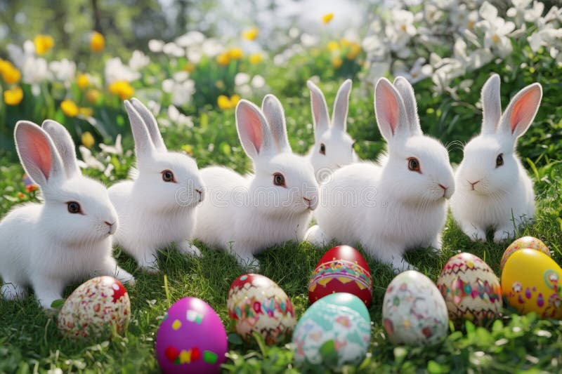 In un prato verde cosparso, un gruppo di conigli bianchi fluenti siede vicino a loro circondato da uova di Pasqua di colore chiaro immagine stock