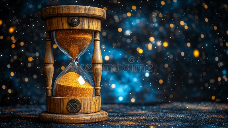 Un primo piano di una clessidra di legno riempita di sabbia dorata su uno sfondo di luci illustrazione di stock