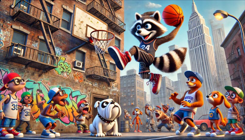 Un procione animato 3d che dunga una pallacanestro illustrazione di stock