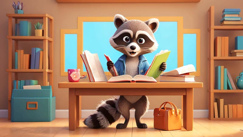 Un procione animato di cartone è seduto su una scrivania e sta leggendo attentamente un libro illustrazione di stock