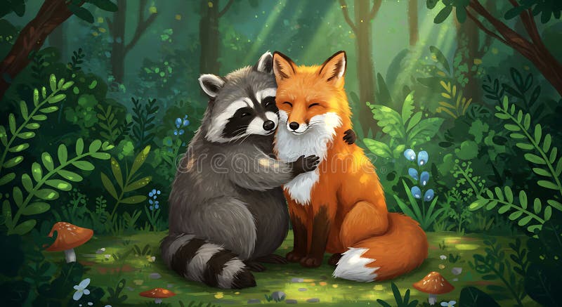 Un procione animato e una volpe condividono un abbraccio affettuoso in una foresta di lussuose illustrazione vettoriale