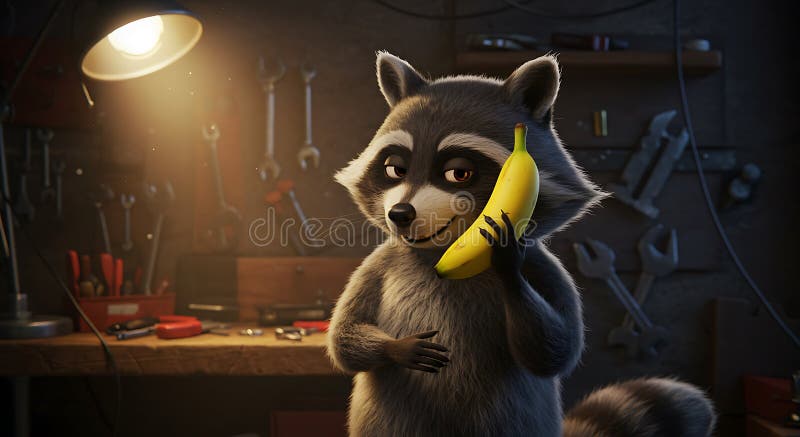 Un procione animato in un Garage tiene un telefono in Banana royalty illustrazione gratis