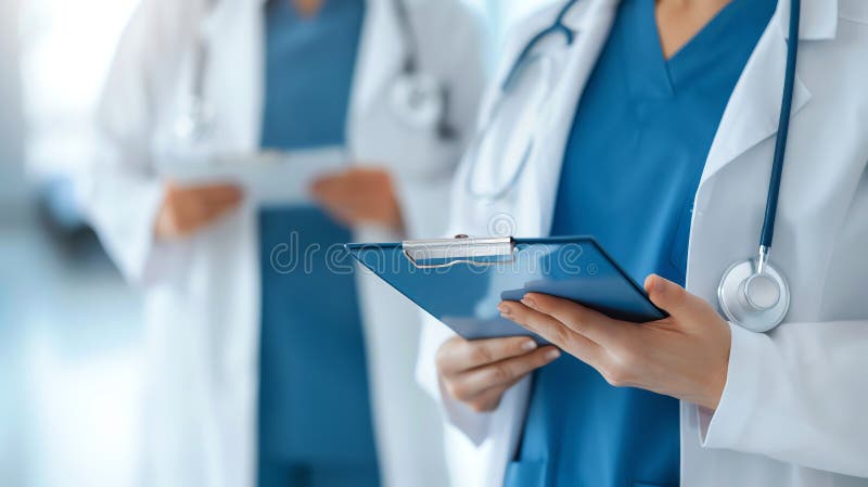 Un profesional de la salud sostiene un portapapeles revisando información importante del paciente en un entorno clínico mostrando ilustración del vector