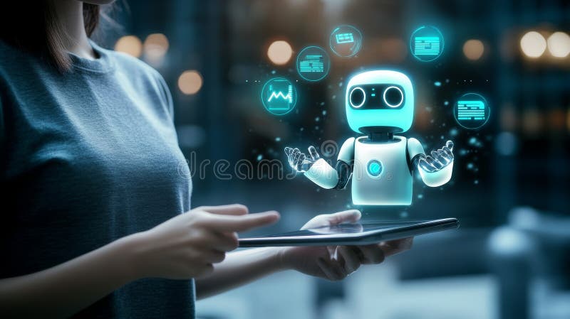 Un profesional joven utiliza un robot de chat de IA en una tableta para resolver eficazmente una consulta. IA generativa libre illustration