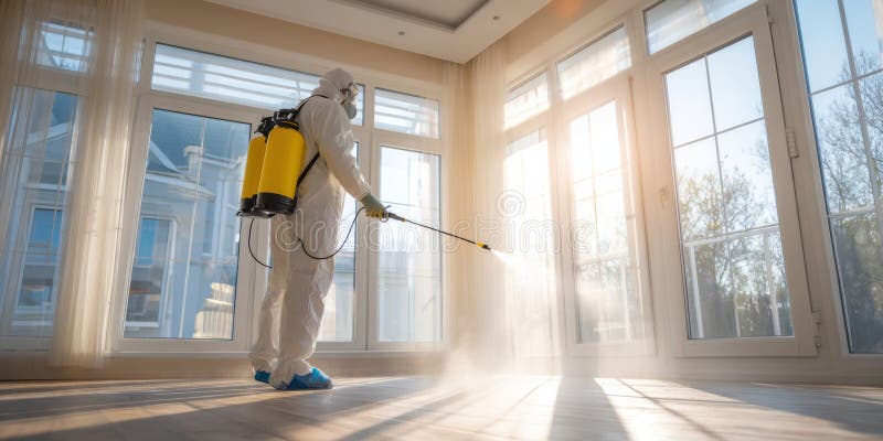 Un professionnel du nettoyage désinfecte un espace intérieur lumineux pendant la journée en utilisant un dispositif de pulvérisati. Un professionnel du nettoyage en équipement de protection vaporise le désinfectant dans un espace intérieur bien éclairé avec de grandes fenêtres. Flux de soleil pour créer une atmosphère propre et fraîche. IA générée