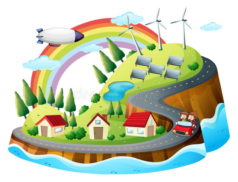 Un Pueblo Con Molinoes De Viento Y Una Nave Espacial Stock de