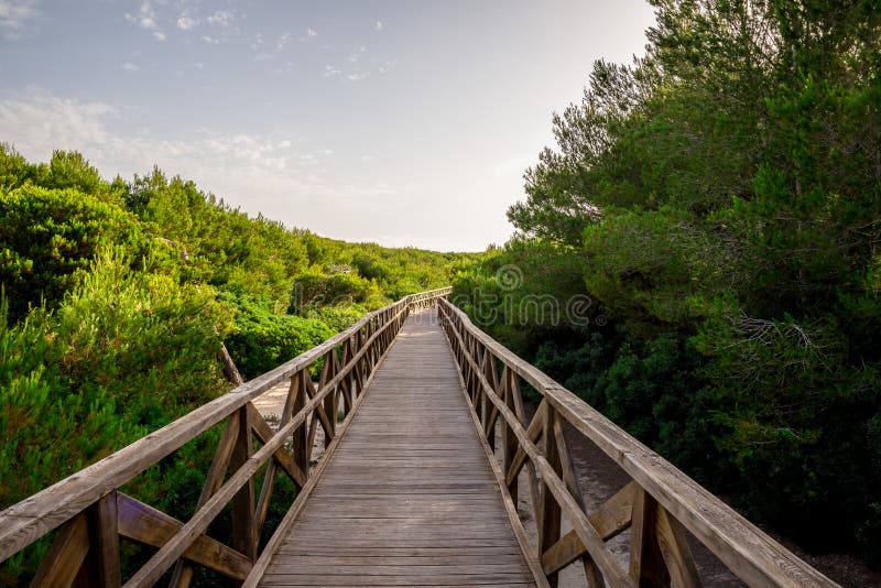 Un puente del paseo marítimo a la playa de Playa de Muro adentro puede Picafort, Mallorca fotografía de archivo Un puente del paseo marítimo a la playa de Playa de Muro adentro puede Picafort, Mallorca fotografía de archivo