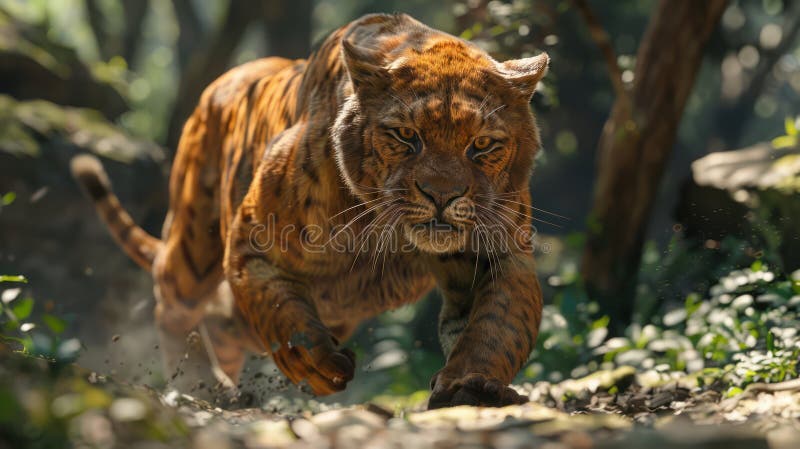 Un puissant tigre traque sa proie dans la jungle luxuriante son regard féroce fixé sur la victime invisible le soleil filtre à tra illustration libre de droits