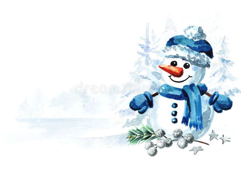 Un pupazzo di neve carino con un cappello blu nel paesaggio invernale Biglietto di auguri per il nuovo anno e il Natale con spazi illustrazione di stock Un pupazzo di neve carino con un cappello blu nel paesaggio invernale Biglietto di auguri per il nuovo anno e il Natale con spazi illustrazione di stock